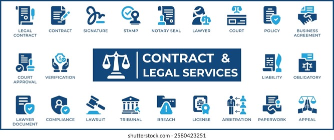 A flat, minimalist legal icon set is perfect for contracts, law firms, notaries, courts, compliance, and legal services. It is also suitable for websites, apps, business documents, and presentations.