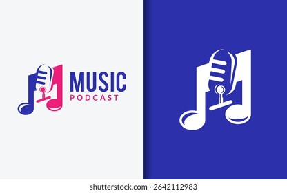 Flat minimalist logo combining music note and podcast mic. Vector logo illustration.