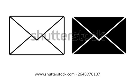 Flat minimalist mail icon set in both outline and fill styles, vector EPS 10 format. Depicts classic envelope icons for email or messaging, ideal for UI design, communication apps, web platforms.