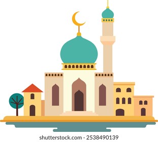 Ilustração de mesquita plana minimalista com cúpula verde e minarete, rodeado por pequenos edifícios e árvore amarelo-alaranjados. ideal para temas islâmicos, cartões e mídias sociais para o Ramadã ou o Eid.