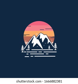 Flat Minimalist Mountain Landscape Sunset