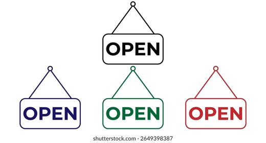 Flat minimalist open banner icon in outline style, vector EPS 10. Depicts a hanging sign ribbon labeled "open," ideal for business graphics, storefront indicators, announcements, availability notices.