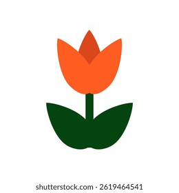 Flat Minimalist Orange Flower Icon with Dark Green Leaves on White Background