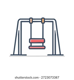 Um plano, minimalista playground swing ícone ilustração com uma estrutura de balanço com um assento suspenso simples. O design vetorial apresenta linhas limpas e cores suaves, isoladas em um fundo branco. Adequado para crianças, playgrounds, atividades ao ar livre, educação e conceitos de segurança de playground.