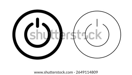Flat minimalist power button on-off switch icon in outline style, vector EPS 10 format. Depicts a circular power symbol with toggle states, ideal for UI elements, digital dashboards, system controls, 