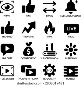 Flat minimalist social media and streaming icons featuring views likes shares and subscriptions in one set