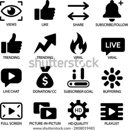 Flat minimalist social media and streaming icons featuring views likes shares and subscriptions in one set