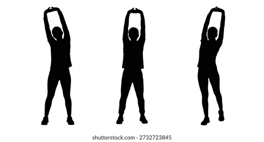 Conjunto de silueta de estiramiento minimalista plano. Ilustración vectorial limpia para yoga, calentamiento, fitness, flexibilidad y conceptos de bienestar.
