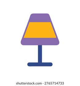 A flat, minimalist style illustration of a purple and yellow table lamp against a black background. Simple design, isolated object.
