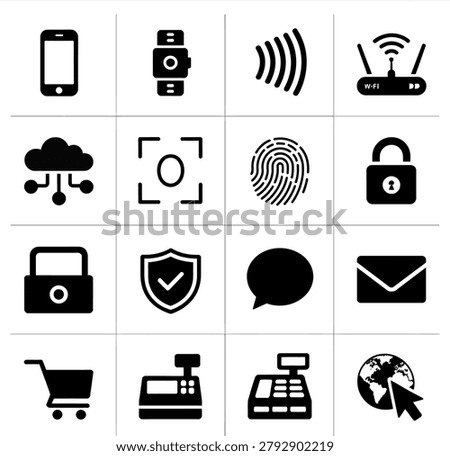 Flat minimalist technology and security icons featuring communication devices fingerprint and shopping symbols in monochrome design