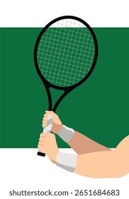 flat minimalist tennis hands holding racket on green court, tennis racket grip hand vector on green background