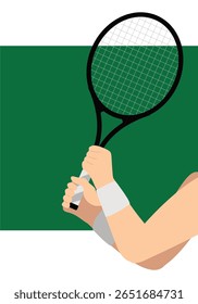 flat minimalist tennis hands holding racket on green court, tennis racket grip hand vector on green background