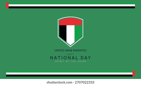 Ilustración minimalista plana de la insignia del día de los EAU con fondo verde Rojo Negro Blanco Rayas y forma del escudo para el Anuncio del cartel de la celebración y el diseño nacional de Festiva