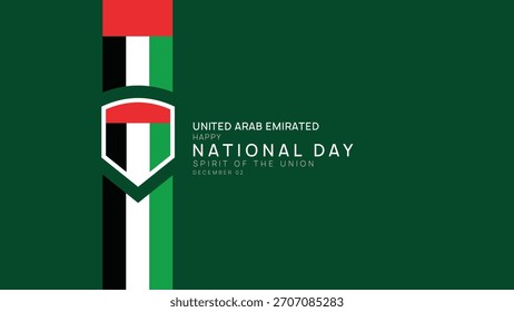 Ilustración minimalista plana del escudo de la bandera de los EAU para el Anuncio de la celebración del día nacional con Elementos de color rojo verde negro blanco sobre fondo verde oscuro
