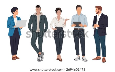 Flat minimalist vector of business professionals in modern outfits standing in a row with laptops and tablets, clean design, casual business poses on white background