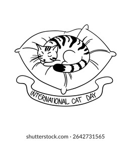 Flat minimalist vector of a curled-up tabby cat in soft pastel colors, perfect for International Cat Day designs, pet-themed decor, or digital products with a cute cozy vibe.