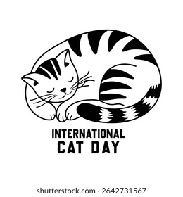Flat minimalist vector of a curled-up tabby cat in soft pastel colors, perfect for International Cat Day designs, pet-themed decor, or digital products with a cute cozy vibe.