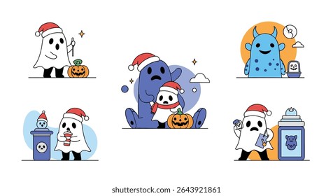 Flat Minimalist Vector Design of Christmas Ghosts and Monsters Celebrating Winter Holidays Season