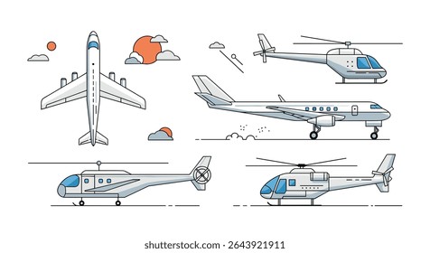 Flat Minimalist Vector Design Different Flying Vehicles Airplanes and Helicopters with Natural Elements