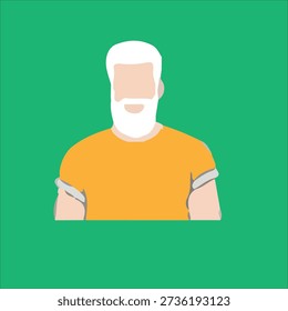 A flat, minimalist vector illustration of a bearded man shown from the chest up, featuring white hair and a full beard, wearing a casual short-sleeve t-shirt. The design uses simple shapes and soft, solid colors against a bright green background, giving it a clean and modern avatar style. Ideal for user profiles, social media avatars, character design, lifestyle graphics, and modern digital illustrations.