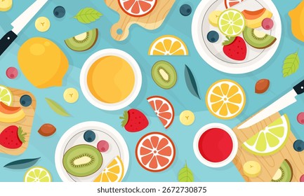 Flat minimalist vector illustration of fresh cut fruits viewed from above, evoking a festive summer mood. Includes grapefruit, lemons, lime, kiwi, orange, strawberry, blueberry, leaves, juice bowl