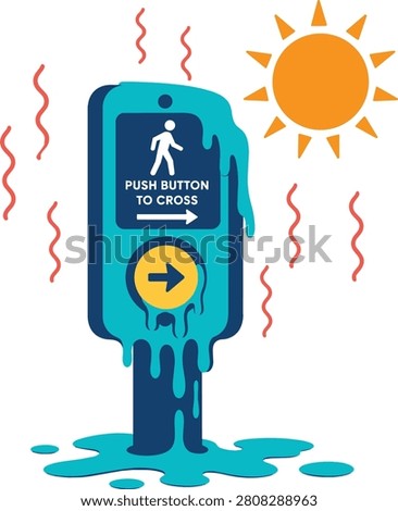 Flat minimalist vector illustration of a pedestrian crossing button melting under an extreme heatwave with subtle heat ripple lines. Concept representing urban heat, dangerous summer temperatures, climate change, infrastructure stress, and global warming. Simple geometric style with bright turquoise, coral, yellow, and dark blue colors, isolated on a white background. Ideal for environmental awareness campaigns, weather reports, sustainability projects, editorial graphics, websites, presentations, and educational materials.