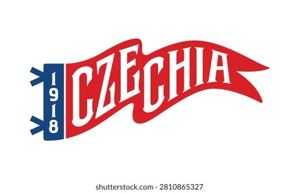 A flat, minimalist vector illustration of a red pennant flag featuring the word 