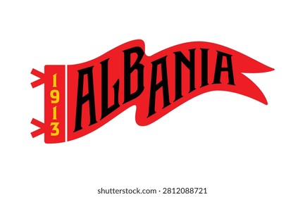 A flat, minimalist vector illustration of a red pennant flag featuring the word 