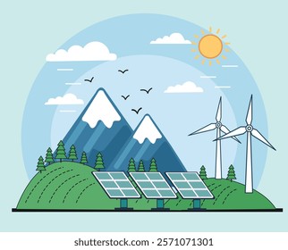 Flat minimalist vector illustration of solar panels with wind turbines against mountanis landscape and blue sky with clouds. Concept Alternative sources of energy