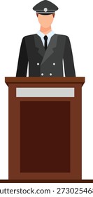 Eine flache, minimalistische Vektorgrafik eines uniformierten Mannes, der hinter einem hölzernen Podium oder Rednerpult steht. Die Figur trägt eine schwarze doppelreihige Jacke und Dienstmütze, sodass das Bild für Themen geeignet ist, die mit der öffentlichen Rede, offiziellen Ankündigungen, Gerichtsaussagen oder formellen Zeremonien zusammenhängen.
