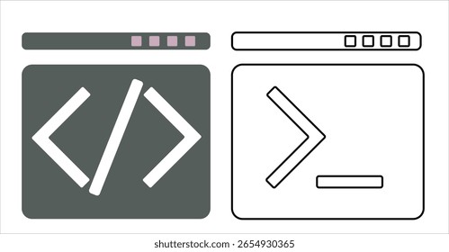 Flat minimalist vector showing two code windows for programming, developer interface, and software UI tutorials.