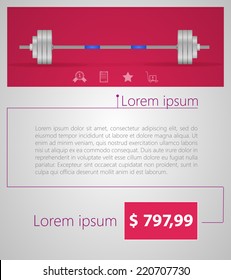 Flat minimalist vector template business design. Barbell. Flat vector illustration of barbell with example text, price and some marketing symbols on pink and gray background.