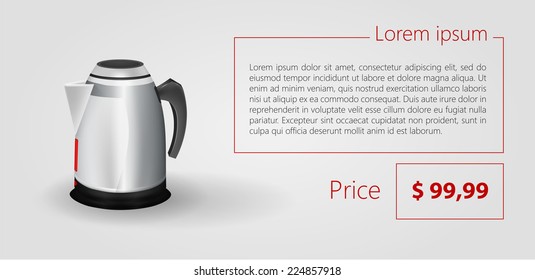 Flat minimalist vector template business design. Electric kettle. Flat vector illustration of metallic electric kettle with red indicator and with red sample text and price on gray background.