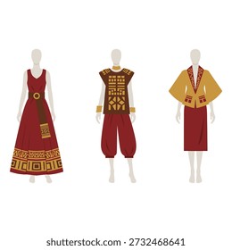 A flat, minimalist vector of three fashion illustrations showcasing a modern ethno-chic collection. From left to right: a floor-length crimson gown with gold geometric embroidery and a patterned hem; a gender-neutral chocolate-brown tunic with gold shield-like graphics paired with crimson bloomer pants and gold accessories; and a mustard-yellow short-sleeved blazer with zigzag detailing over a red pencil skirt. The figures are grey silhouettes, emphasizing the clothing designs. Earthy tones and geometric patterns blend tradition with contemporary fashion aesthetics.