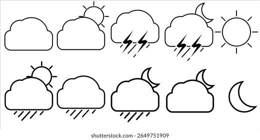 Flat minimalist weather icon sheet in outline style, vector EPS10. Features a set of weather symbols including sun, rain, clouds, snow, thunder, and more. Ideal for climate apps, forecasts, dashboards