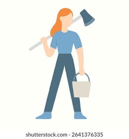 Flat Minimalist Woman Holding Axe and Bucket Illustration in Simple Style