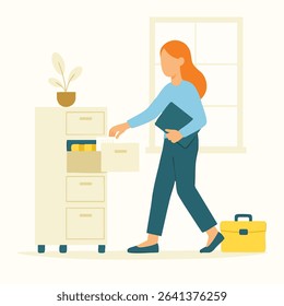 Flat Minimalist Woman Retrieving Documents from Filing Cabinet Illustration
