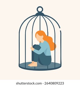 Flat Minimalist Woman Trapped Inside Bird Cage Icon Illustration