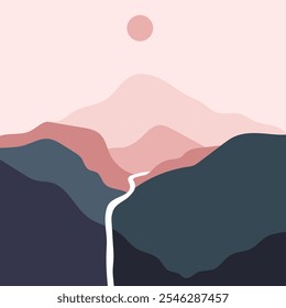 A flat, minimalistic 2D illustration showcases a mountain peak at early sunset, gently lit by the soft evening sun. The scene is elegantly divided in half by a slim ribbon of a mountain stream.