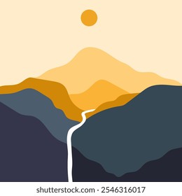 Una ilustración 2D plana y minimalista muestra un pico de montaña al atardecer temprano, iluminado suavemente por el suave sol de la noche. La escena está elegantemente dividida por la mitad por una delgada cinta de un arroyo de montaña.