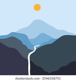 A flat, minimalistic 2D illustration showcases a mountain peak at early sunset, gently lit by the soft evening sun. The scene is elegantly divided in half by a slim ribbon of a mountain stream.