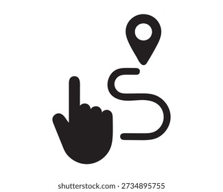 Un ícono de Vector de silueta negra minimalista que representa el mapeo del viaje del Cliente. El diseño presenta un camino sinuoso que conecta un dedo que apunta al principio y un pin de mapa al final, que simboliza la experiencia guiada del usuario hacia una meta. Representado en negro sólido sobre un fondo blanco, este ícono es ideal para paneles de UX, imágenes de viaje de Clientes y presentaciones de procesos comerciales.