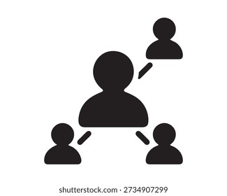Um ícone de vetor de silhueta preta plana e minimalista representando o marketing de influenciadores. O projeto apresenta uma figura humana central conectada a três silhuetas de seguidores menores através de linhas retas, formando uma rede estruturada. Renderizado em preto sólido contra um fundo branco, este ícone é ideal para painéis de mídia social, visuais de alcance digital e estratégias de engajamento da marca