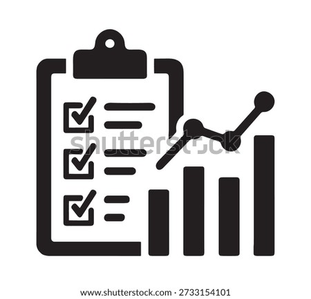A flat, minimalistic black silhouette vector icon representing market research. The design features a clipboard with a checklist of survey items on the left and a bar and line chart on the right, symbolizing data collection and analysis. Rendered in solid black against a white background, this icon is ideal for research dashboards, business strategy visuals, and customer insight presentations.