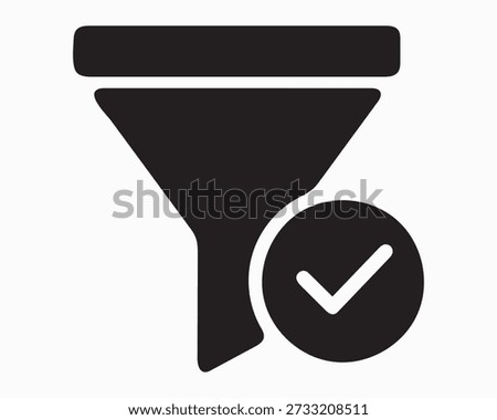 A flat, minimalistic black silhouette vector icon representing sales conversion success. The design features a funnel narrowing downward, symbolizing the filtering of leads, with a bold checkmark enclosed in a circle overlapping the bottom right corner to indicate validated conversion. Rendered in solid black against a white background, this icon is ideal for CRM dashboards, marketing strategy visuals, and business performance presentations.