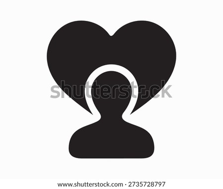 A flat, minimalistic black silhouette vector icon representing customer retention. The design features a simplified human figure centered in front of a bold heart shape, symbolizing loyalty, satisfaction, and long-term engagement. Rendered in solid black against a white background, this icon is ideal for CRM dashboards, loyalty program visuals, and brand relationship themes.