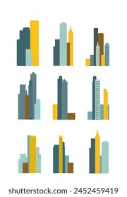Eine flache minimalistische Stadt mit gelben und blaugrünen Silhouetten von Gebäuden isoliert auf weißem Hintergrund. Vektorgrafik