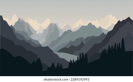 Flat minimalistic design. Panorama of a mountain landscape. Easy to change colors.