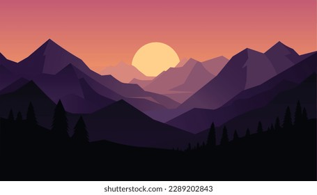 Flat minimalistic design. Panorama of a mountain landscape. Easy to change colors.