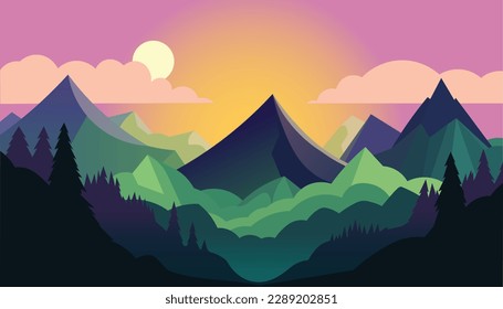 Flat minimalistic design. Panorama of a mountain landscape. Easy to change colors.